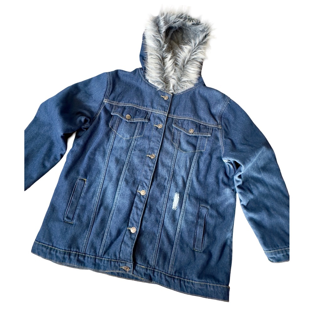 Womens XL Fleece Lined Denim Blue Jean Jacket Faux Fur Hood Y2K 90's Grunge NICE